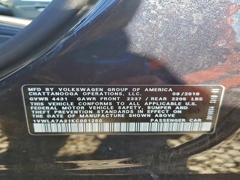 2019 VOLKSWAGEN PASSAT WOLFSBURG  