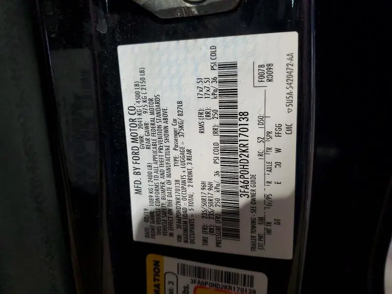 2019 FORD FUSION SE  
