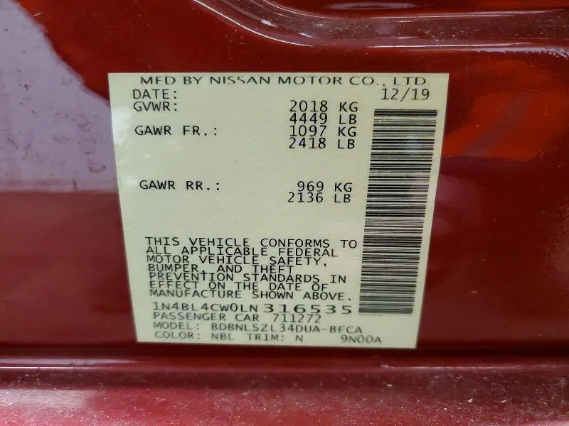 2020 NISSAN ALTIMA SR  