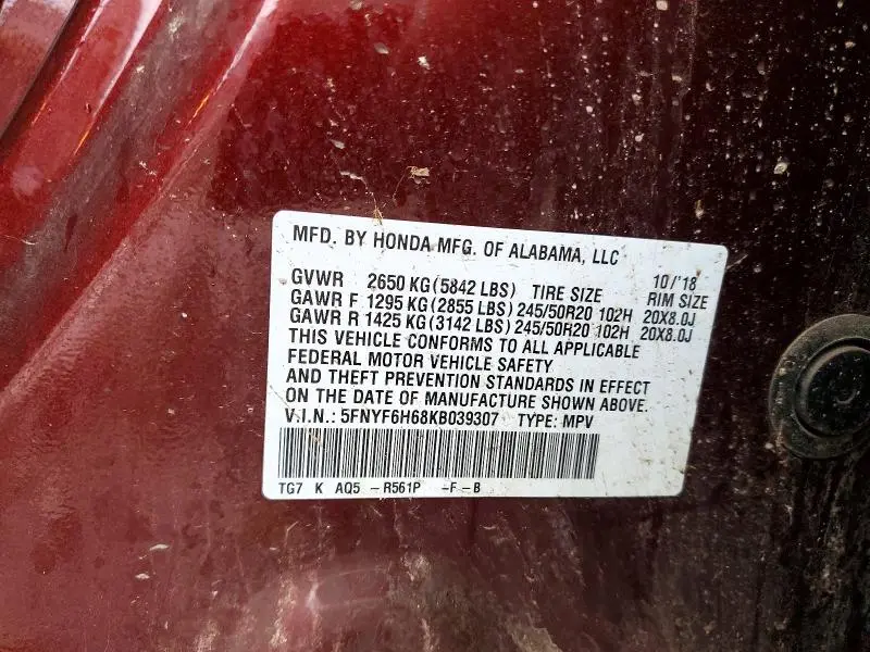 2019 HONDA PILOT TOURING  