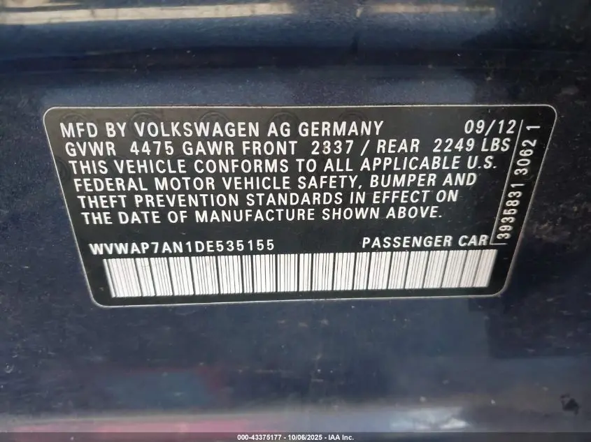 2013 VOLKSWAGEN CC 2.0T SPORT