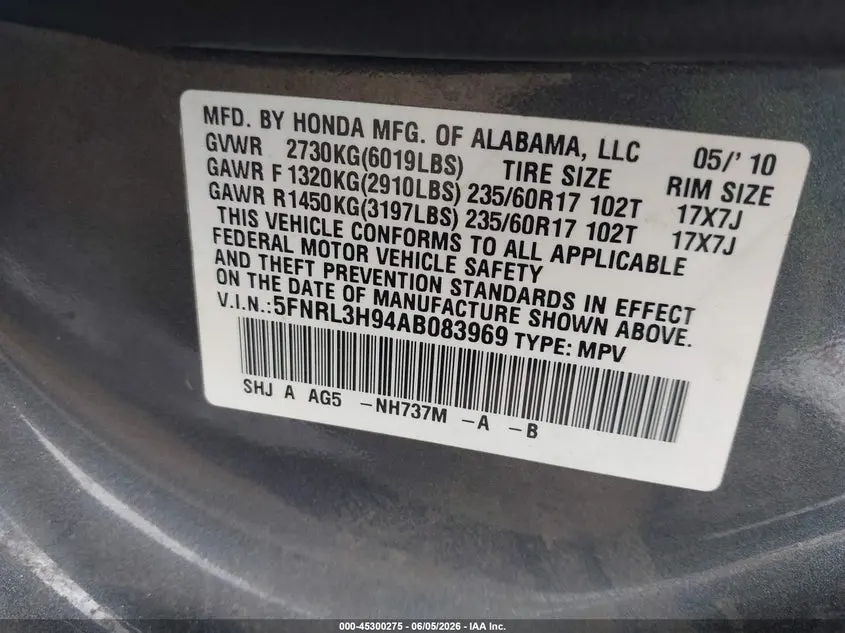2010 HONDA ODYSSEY TOURING