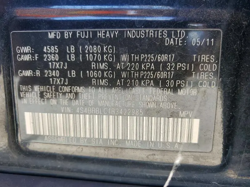 2011 SUBARU OUTBACK 2.5I LIMITED  
