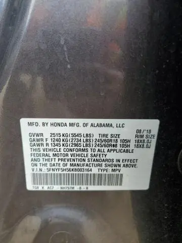 2019 HONDA PILOT EXL  