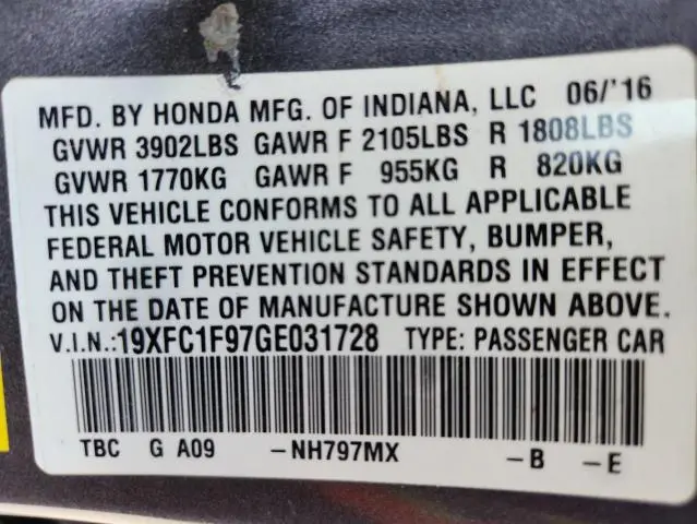 2016 HONDA CIVIC TOURING  