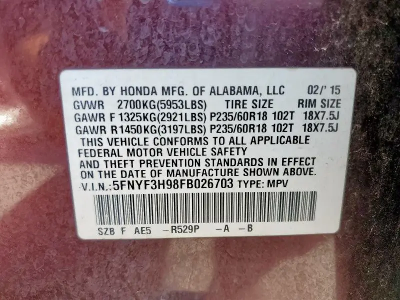 2015 HONDA PILOT TOURING  