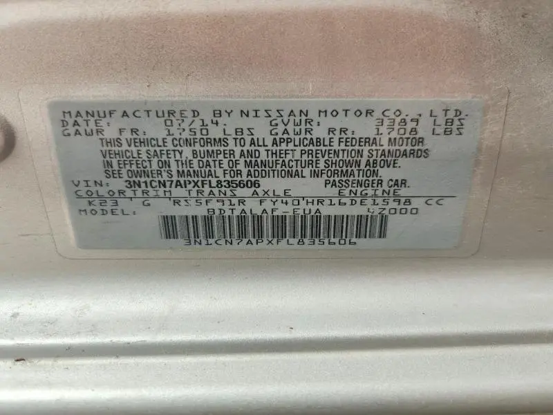 2015 NISSAN VERSA 1.6 S  