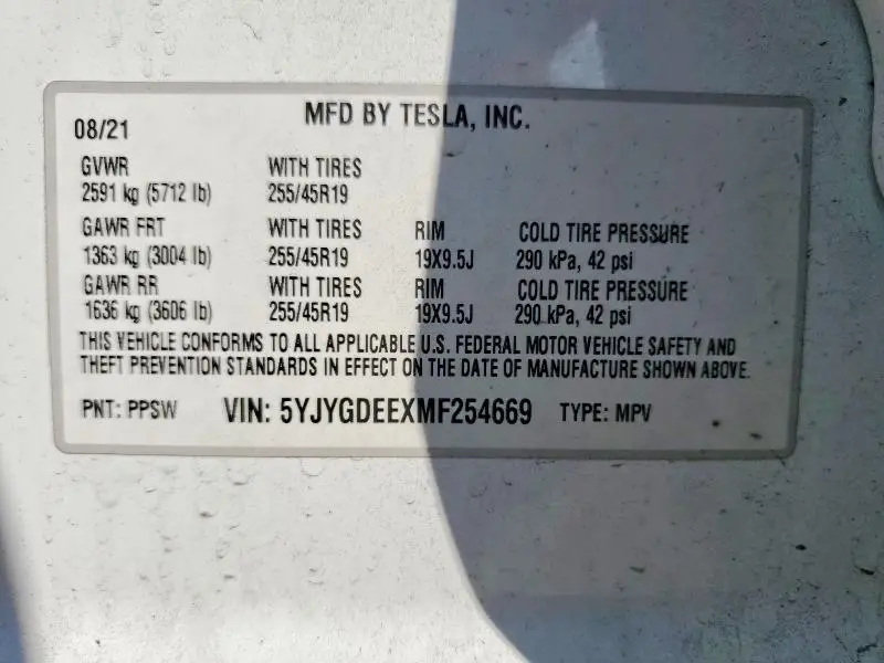 2021 TESLA MODEL Y   