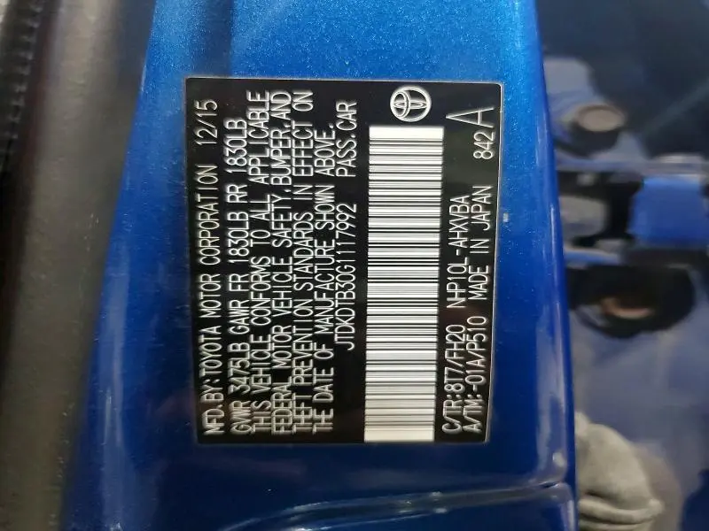 2016 TOYOTA PRIUS C ONE  