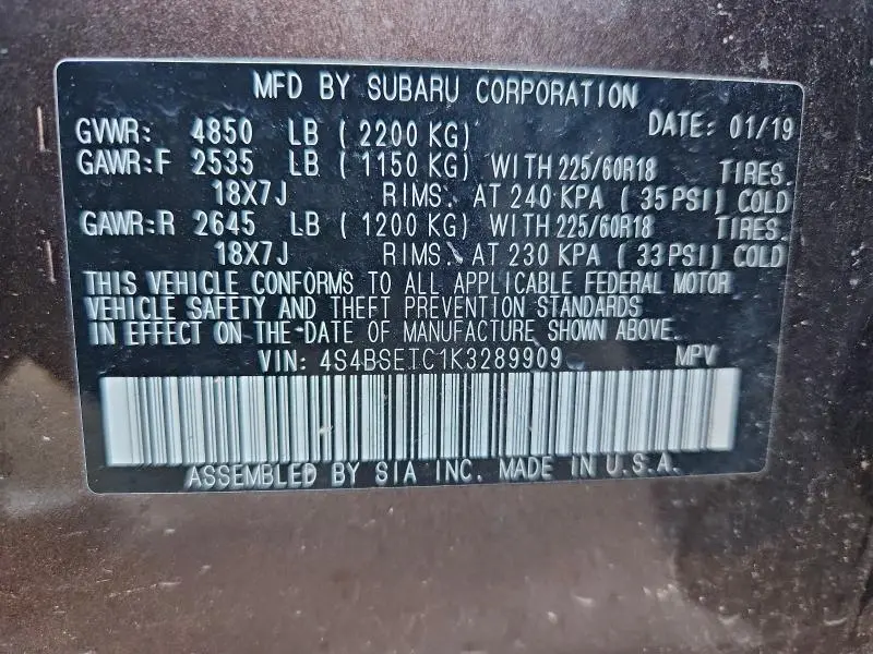 2019 SUBARU OUTBACK TOURING  