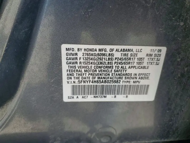 2010 HONDA PILOT EXL  