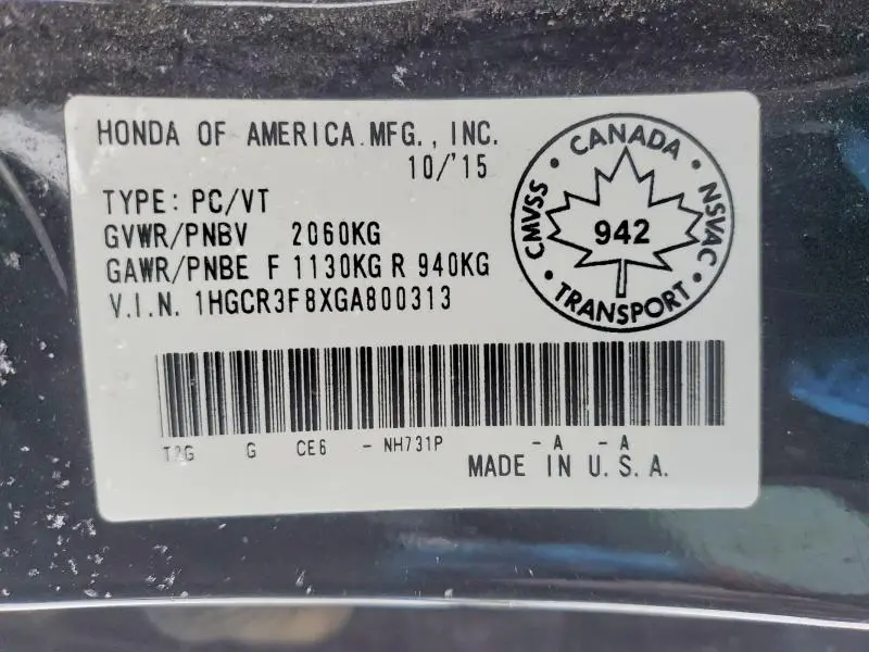 2016 HONDA ACCORD EXL  