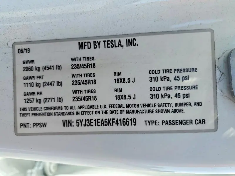 2019 TESLA MODEL 3   