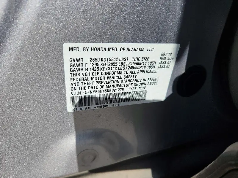 2019 HONDA PILOT EXL  