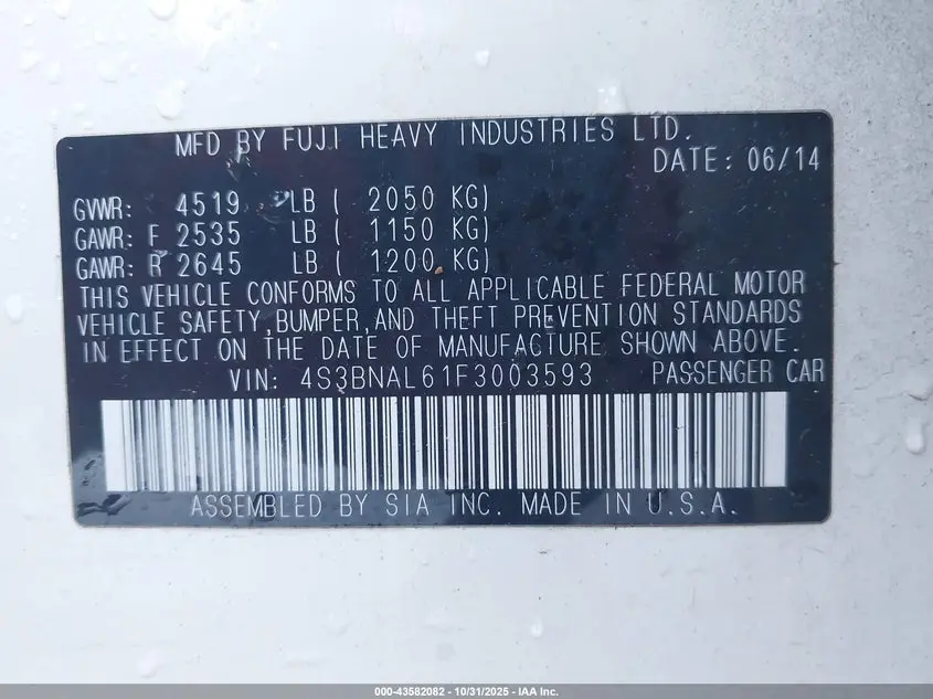 2015 SUBARU LEGACY 2.5I LIMITED