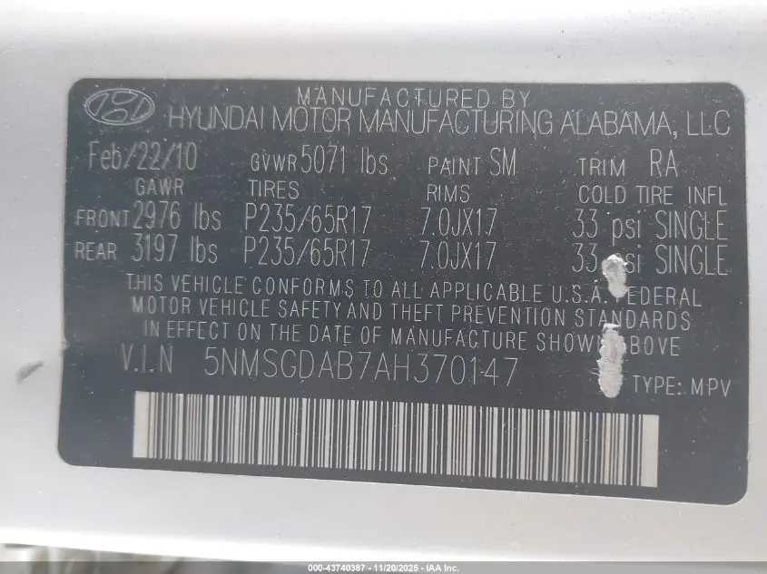 2010 HYUNDAI SANTA FE GLS