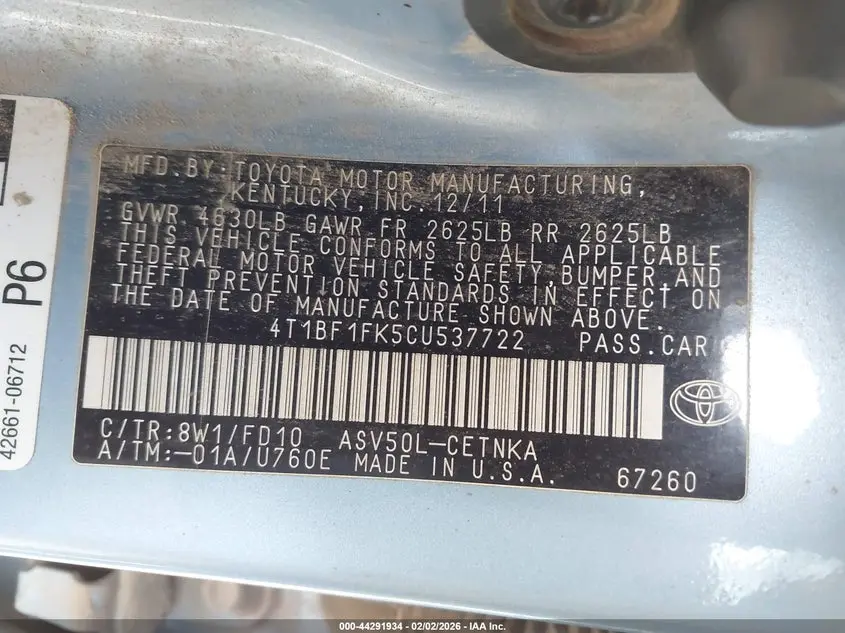 2012 TOYOTA CAMRY LE