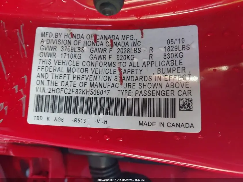 2019 HONDA CIVIC SPORT