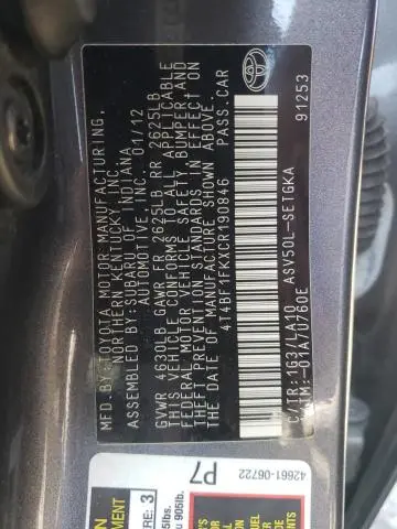 2012 TOYOTA CAMRY BASE  