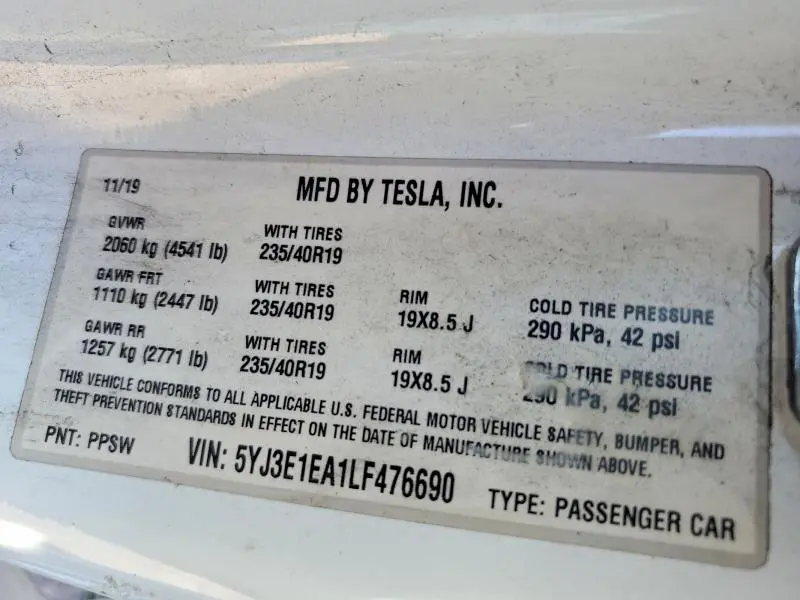 2020 TESLA MODEL 3   