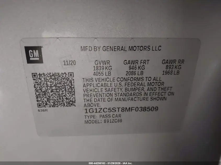 2021 CHEVROLET MALIBU FWD 1FL