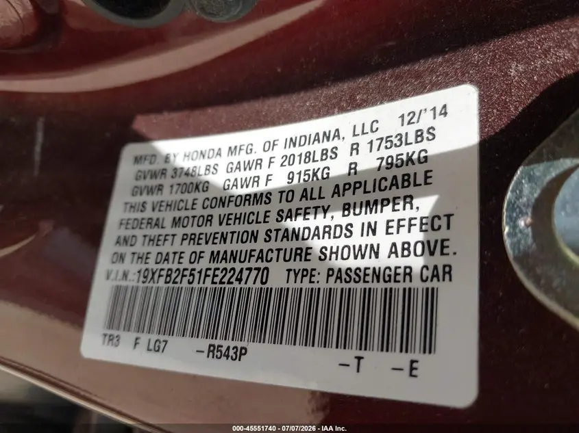 2015 HONDA CIVIC LX