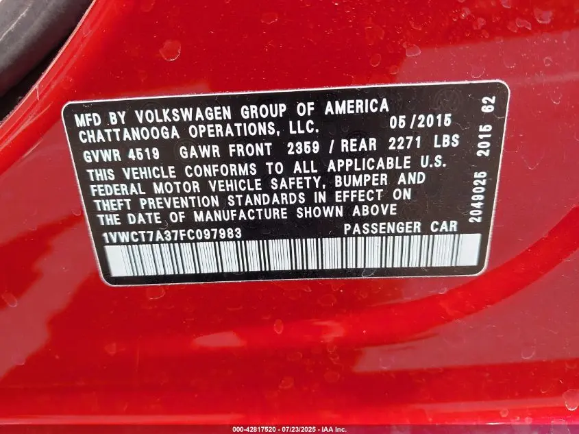 2015 VOLKSWAGEN PASSAT 1.8T SEL PREMIUM