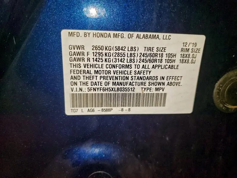 2020 HONDA PILOT EXL  