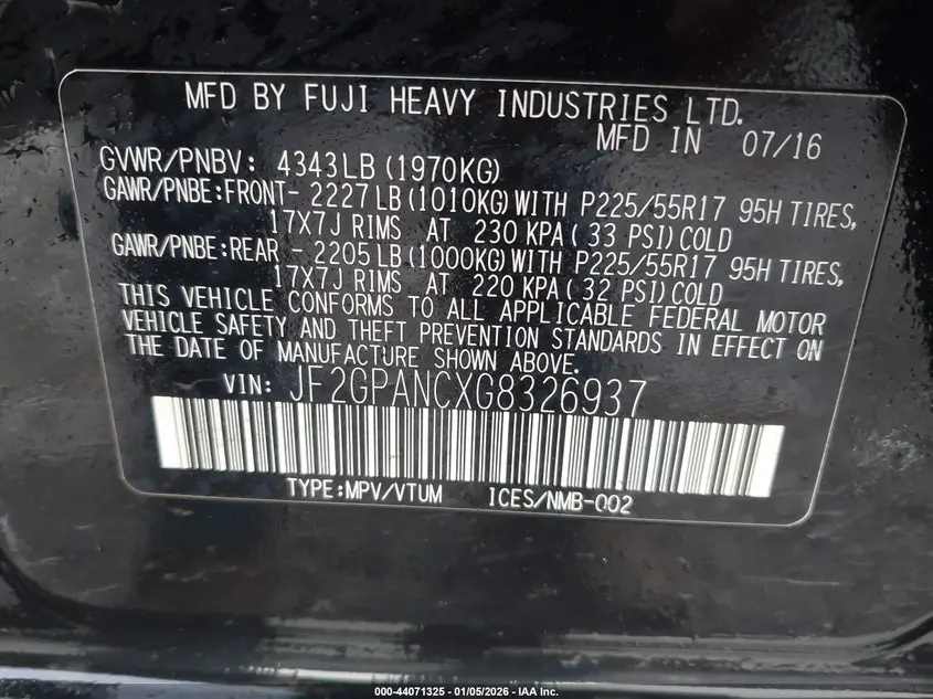 2016 SUBARU CROSSTREK 2.0I LIMITED