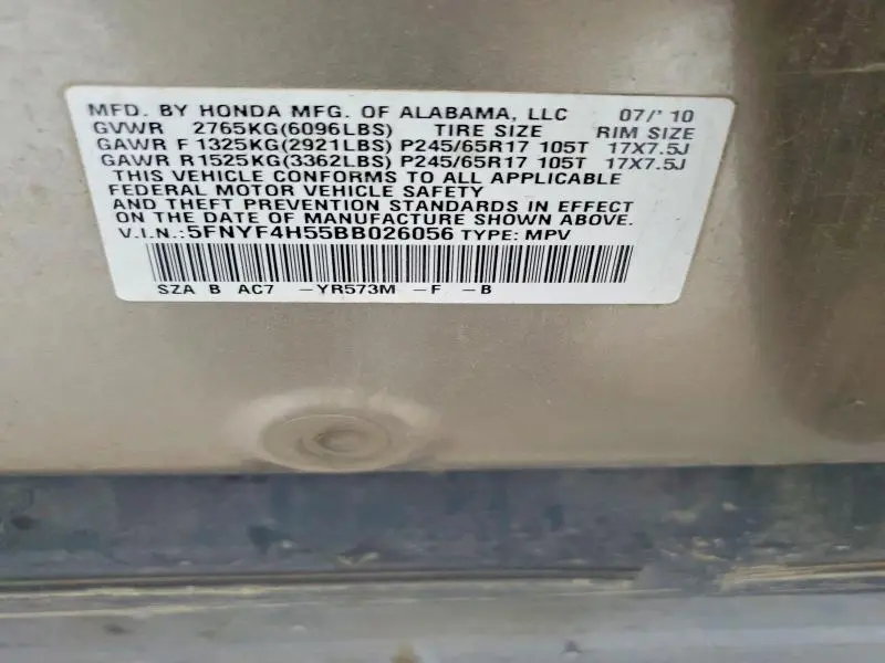 2011 HONDA PILOT EXL  