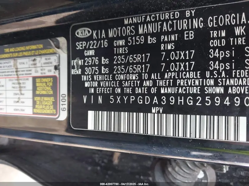 2017 KIA SORENTO 2.4L LX