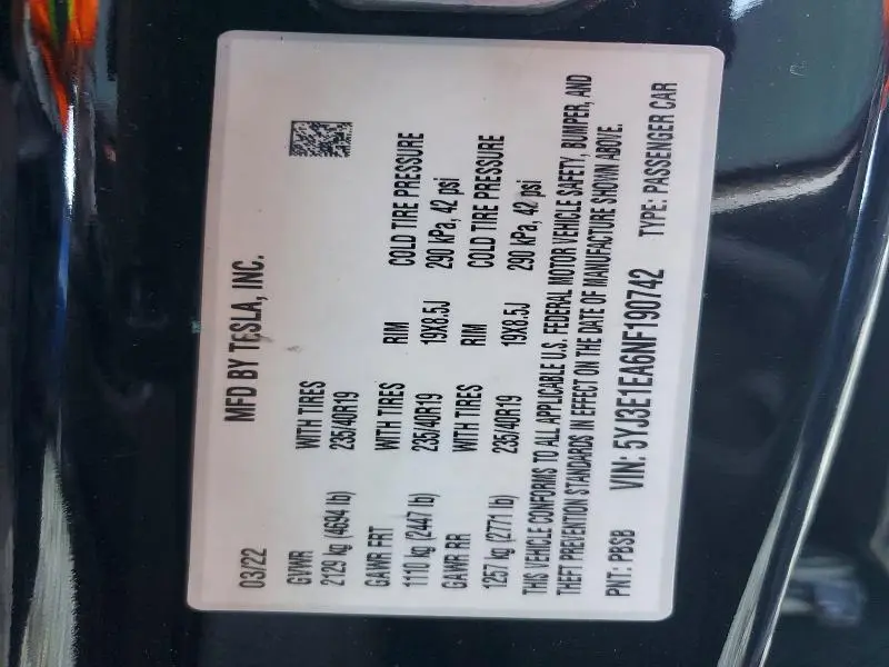 2022 TESLA MODEL 3   