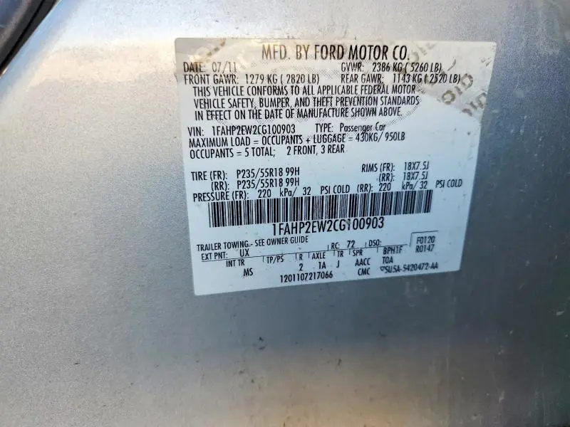 2012 FORD TAURUS SEL  