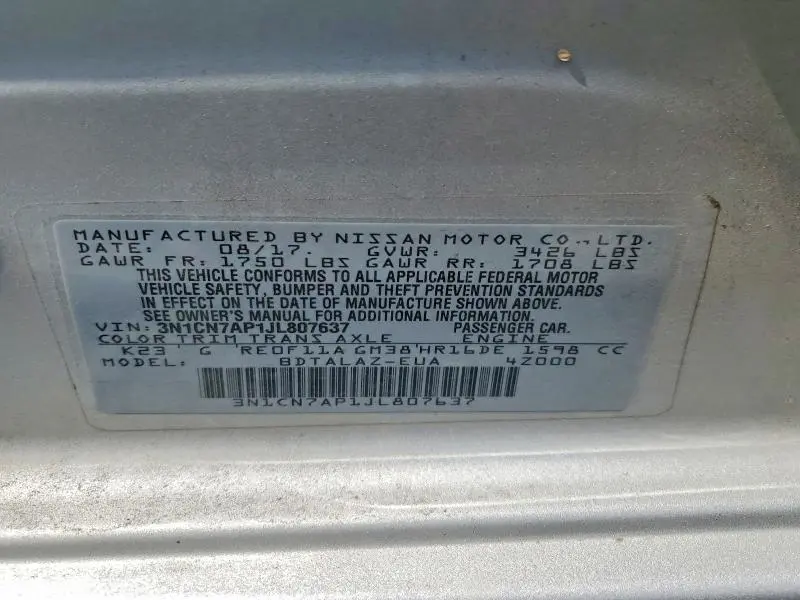 2018 NISSAN VERSA S PLUS  