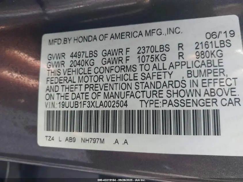 2020 ACURA TLX STANDARD