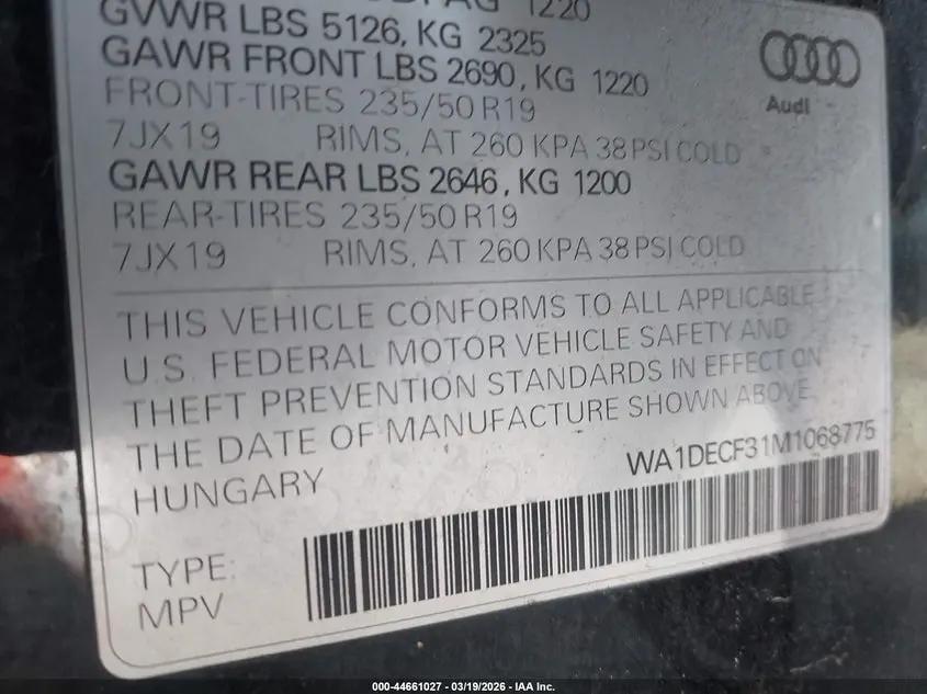 2021 AUDI Q3 PREMIUM 45 TFSI S LINE QUATTRO TIPTRONIC