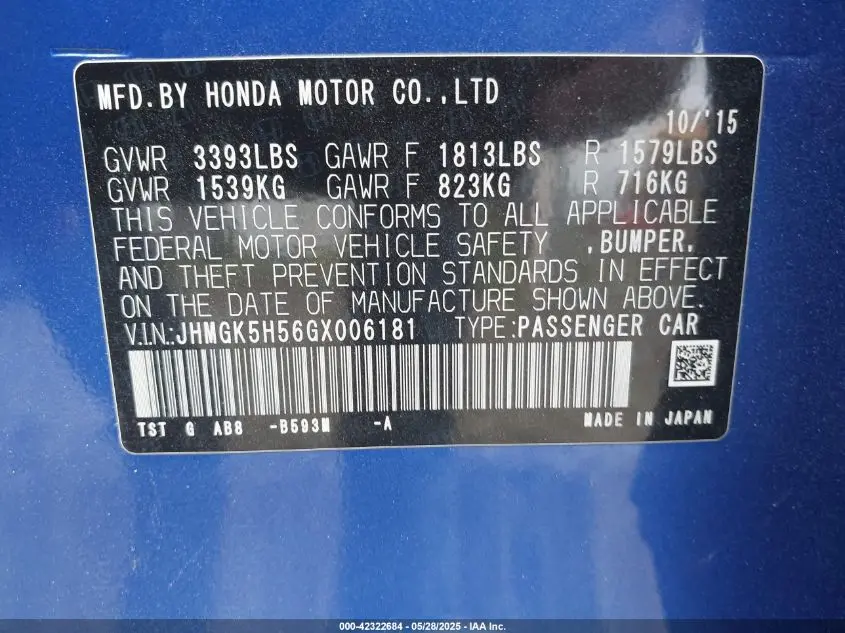 2016 HONDA FIT LX