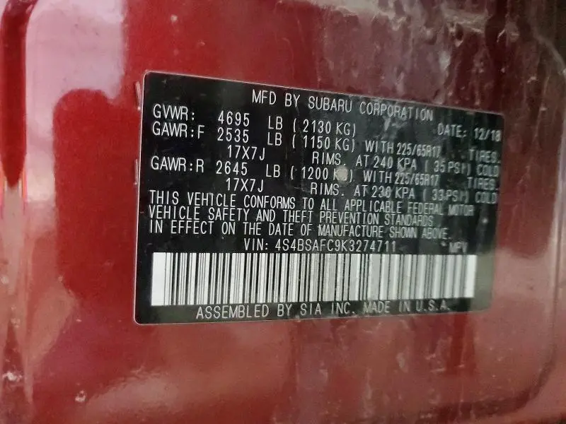 2019 SUBARU OUTBACK 2.5I PREMIUM  