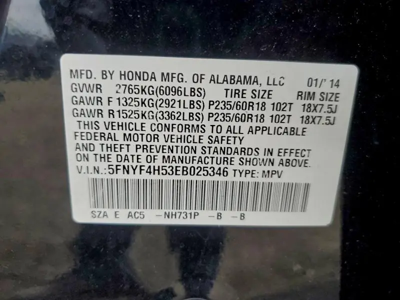 2014 HONDA PILOT EXL  