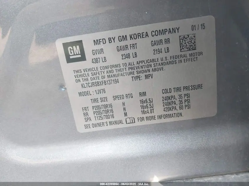 2015 CHEVROLET TRAX LT