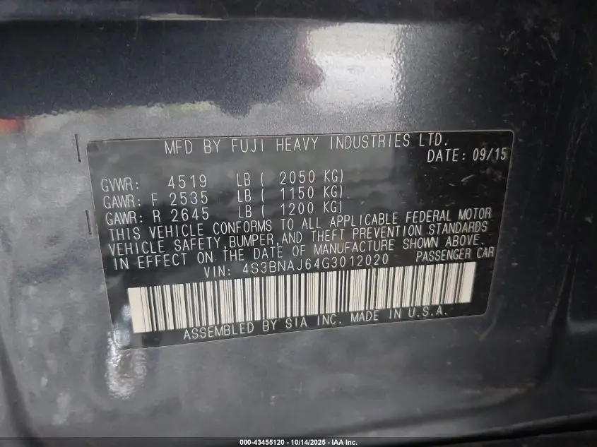 2016 SUBARU LEGACY 2.5I LIMITED