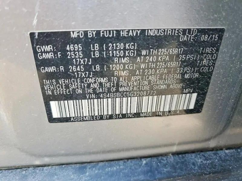 2016 SUBARU OUTBACK 2.5I PREMIUM  