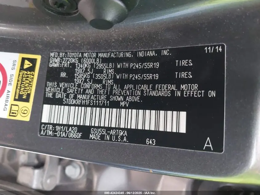 2015 TOYOTA HIGHLANDER LIMITED V6