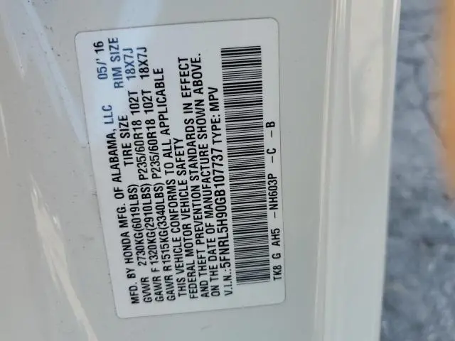2016 HONDA ODYSSEY TOURING  