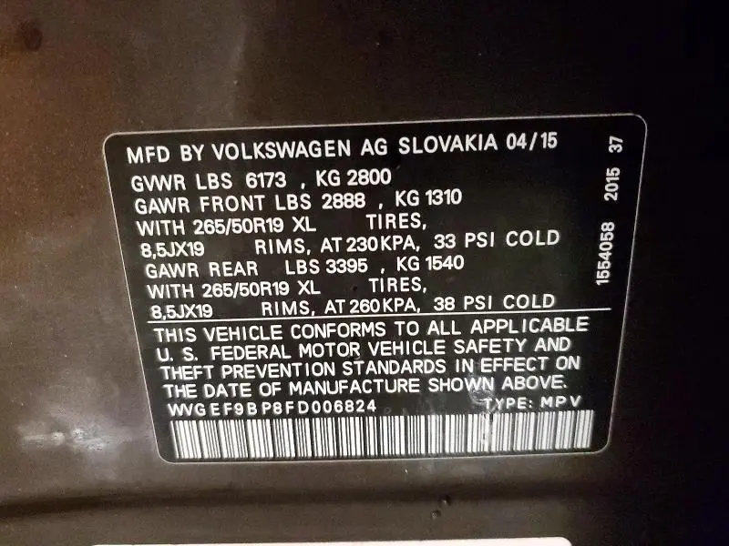 2015 VOLKSWAGEN TOUAREG V6  