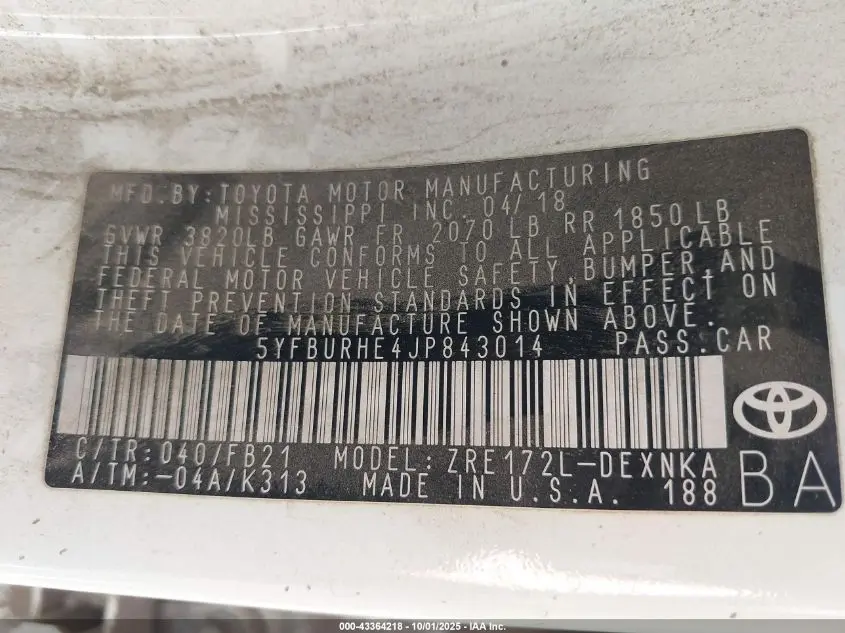 2018 TOYOTA COROLLA LE