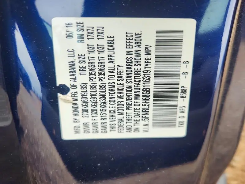 2016 HONDA ODYSSEY EXL  
