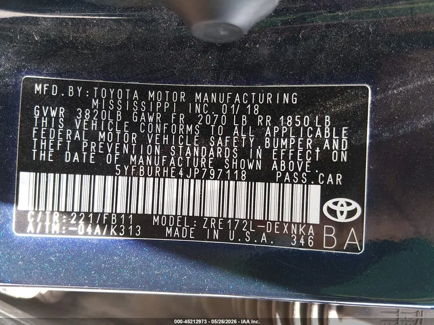 2018 TOYOTA COROLLA LE