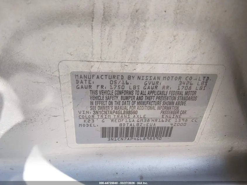 2016 NISSAN VERSA 1.6 S/1.6 S+/1.6 SL/1.6 SV