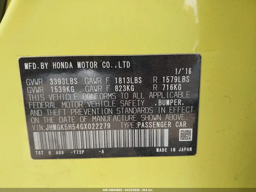 2016 HONDA FIT LX